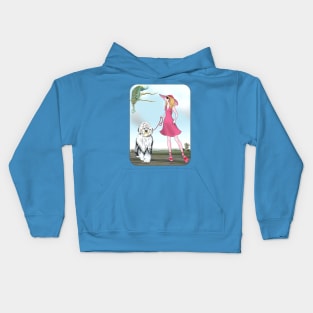 Young Lady with Peacock and Old English Sheepdog. Kids Hoodie